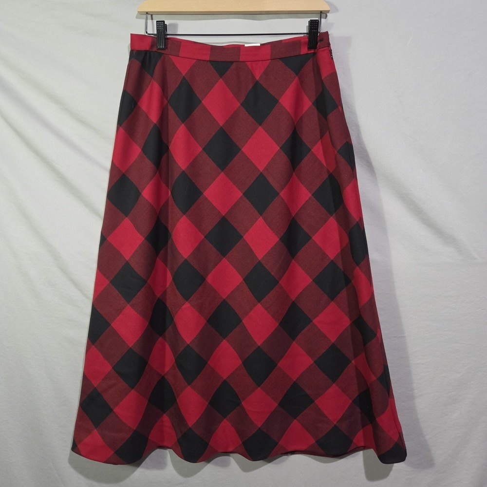Talbots Red‎ Black Buffao Plaid 100% Wool Maxi Skirt Size 10 Lined Academia Long